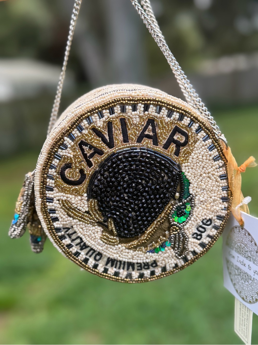 India Boutique Beaded Round Crossbody Bag — Cream, Black & Gold Accents